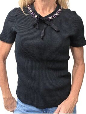 Tory Burch Pelham Black Embellished Beaded Ribbon Ribbed Knit Top L